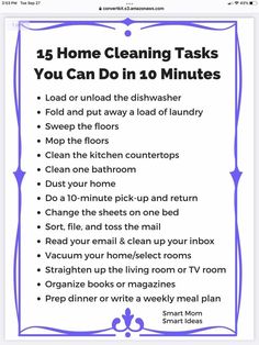 a poster with the words home cleaning tasks you can do in 10 minutes on it