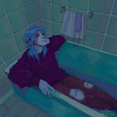 a painting of a person laying in a bathtub