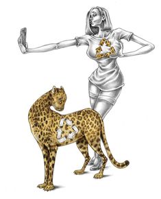 a drawing of a woman standing next to a cheetah