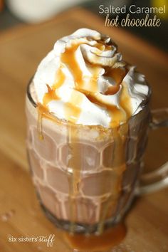 salted caramel hot chocolate in a glass mug