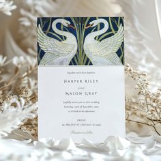 a wedding card with two white swans on it, surrounded by flowers and feathers in the background