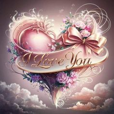 i love you heart with ribbon and flowers on the cloud background - valentines day wallpaper