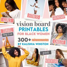 the cover of vision board printables for black women 300 + pictures by kallisha winston