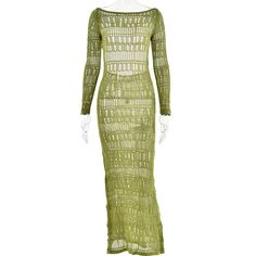 F00218153-104 Long Sleeve Bodycon Dress For Beach, Long Hollow Out Dresses, Long Stretch Dress For Club, Fitted Hollow Out Maxi Length Dresses, Fitted Long Sleeve Dress For The Beach, Long Hollow Out Dress For Spring, Long Fitted Green Dress, Long Hollow Out Dresses For Spring, Green Fitted Long Dress