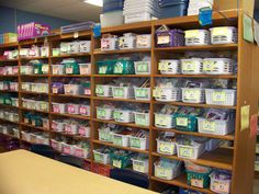 the shelves are filled with many different types of baskets