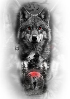 a wolf with red eyes standing in front of the moon and trees on his back