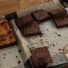 chocolate brownies and other desserts are on display