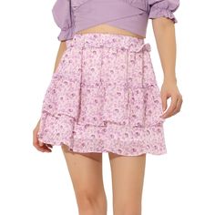 Simple and cute, this skirt is complete with a floral print, a layered ruffle hem, and an elastic high waist. Enchanting blooms sweeten this mini skirt. A romantic look in spring and a fresh look in summer. Add a completely cute and unique vibe to your look with this floral mini-skirt. This skirt is suitable for going to the beach, which is unique and cool and can attract people’s attention. Perfect to pair it with sandals or high heels for a sweet look. Casual Summer Skirt, Tailored Fashion, Skirt Purple, Ruffle Fabric, Ruffle Mini Skirt, A Line Mini Skirt, Floral Mini Skirt, Casual Weekend, Casual Skirt