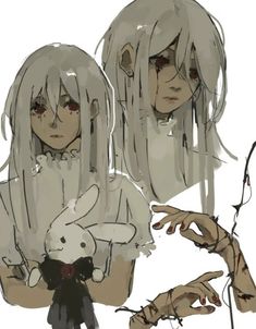 an anime character with long hair holding a stuffed animal in her hands and another person's hand reaching for it