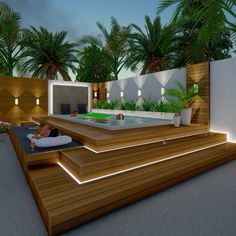 an outdoor hot tub in the middle of a wooden deck surrounded by palm trees and potted plants