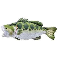 a stuffed fish with green and white spots on it's body, floating in the air