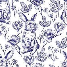 an image of rabbits and flowers in blue ink on white paper, seamless background