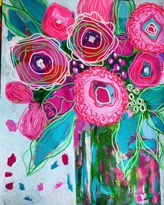 a painting of pink flowers in a vase