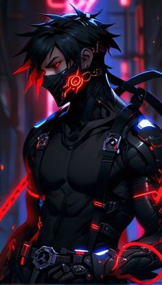 an anime character with black hair and neon lights