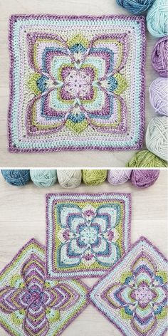 crocheted placemats are shown with balls of yarn in the background