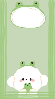 a green frog with a white face and black eyes sitting in front of a mirror