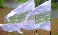 two white flags with green designs on them in front of a lake and trees,