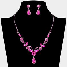 Fuchsia Pink Rhinestone Crystal Sparkle Necklace Set You Will Receive One Set . It Has A Necklace And Matching Pierced Earrings . It Is Silver Plated With Pink Rhinestones. The Necklace Is Adjustable To 17 Inches Long . The Center Drops Down 1 1/4 Inches . The Earrings Are For Pierced Ears And Measure Approximately 1 1/4 Inches Long By 1/2 Inch Wide . Perfect For Any Occasion . Comes In A Gift Box . Brand New ! Elegant Pink Rhinestone Necklace For Party, Elegant Pink Rhinestone Party Necklace, Pink Jeweled Rhinestone Necklace For Party, Pink Rhinestone Jeweled Necklace For Parties, Elegant Pink Rhinestone Jewelry Set, Pink Sparkling Stones Jewelry Set For Party, Pink Party Jewelry Sets With Sparkling Stones, Pink Rhinestone Jewelry Set For Party, Pink Jewelry Sets For Valentine's Day Party