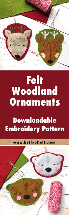 felt woodland ornaments with text overlay that reads felt woodland ornaments printable embroidery pattern