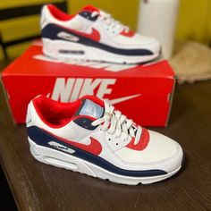 Mens Nike Air Max 90 Denim Usa Sz.11 Icy Bottoms, In New Condition, Comfortable An Sharpe Pair Of Kicks With Box!! Air Max Shoes, Mens Nike Air, Nike Air Max 90, Air Max, Nike Air Max, Nike Shoes, Red And Blue, Nike Air, Athletic Shoes