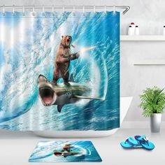 bear shower curtain Blue Bathroom Curtains, Shower With Shower Curtain, Shark Bathroom Decor, Bathroom Decor Beach Theme, Bear Bathroom Decor, Shark Bathroom, Shark Shower Curtain, Shower Curtain Funny, Funny Shower Curtain