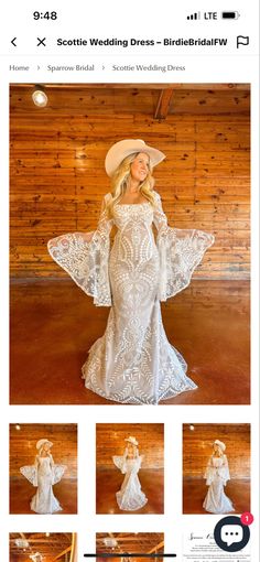 a woman in a white dress and cowboy hat posing for a photo on her wedding day