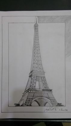 a pencil drawing of the eiffel tower in paris, france on white paper