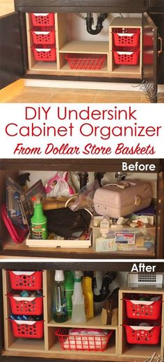 an undersink cabinet with baskets and other items in it, before and after