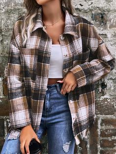 Multicolor Casual Collar Long Sleeve Woven Fabric Plaid Shacket Embellished Non-Stretch  Women Outerwear Autumn Shirts, Drop Shoulder Coat, Women Outerwear, Maxi Shirt Dress, Sleeve Pattern, Outfits Women, Fall Fashion Outfits