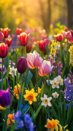 many different colored tulips and other flowers in the sunlit garden with trees