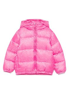 bubblegum pink padded design logo patterned jacquard front zip fastening high neck classic hood long sleeves elasticated cuffs two side inset pockets full lining elasticated hem Pink Long Sleeve Puffer Jacket With Zipper Closure, Pink Nylon Outerwear With Zipper Closure, Pink Winter Outerwear With Ribbed Cuffs, Winter Outerwear With Logo-jacquard Lining And Long Sleeves, Girls Pad, Dress With Jean Jacket, Jacquard Jacket, Moschino Kids, Baby Boy Accessories