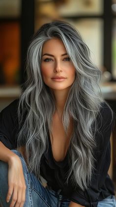 Embrace your natural beauty with these 24 fabulous grey hair colors that will make you look gorgeous! Discover the best haircuts for older women, from chic pixie cuts to elegant long layers and stylish bobs. Save this pin for later and click to explore more stunning ideas and similar styles! Reverse Frosting For Gray Hair, Gray Hair Brown Eyes, Long Hair Older Women, Long Silver Hair, Hair Color Guide, Silver Haired Beauties, Gray Hair Color, Grey Hair Transformation, Grey Highlights