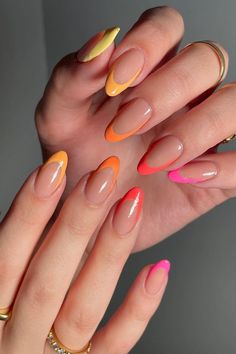 Need nail ideas for the summer? Check out these stunning summer nails designs that are so so pretty and fun! Nail Inspo Colored Tips, French Tip Nails Bright Colors, Orange Yellow Nails Summer, Nail Neon Colors, Bright Colour Nail Designs, Nail Bright Colors, Colourful Nails For Summer, Bright French Tip Nails, Orange Trendy Nails