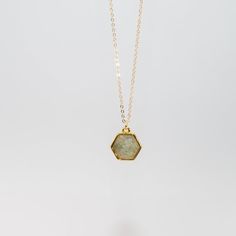 Hexagon shaped gemlets are electroplated in recycled brass with 24K gold overlay and hang delicately from a 14K gold filled 18" chain. 10mm Stone. Offered in a variety of stones that embrace and emit healing properties. Check out a stone encyclopedia here. Everyday Gold Necklace, Healing Stones And Crystals, Hexagon Pendant, Hexagon Necklace, Gem Pendant, Types Of Crystals, Gold Overlay, Blue Lace Agate, Hexagon Shape