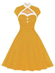 30-70% OFF✓ Fast Shipping✓Stand out with the 1950s polka dots heart collar dress. The heart-shaped collar and playful polka dots create a charming, vintage-inspired outfit. Vintage Polka Dot Dress, Yellow Polka Dot, Vestidos Vintage, Collar Dress, Denim Pant, Vintage Dress, Petticoat, Yellow Dress, Stand Collar