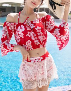 $49.90 - Fashion red floral crop top off shoulder With long sleeves for cute ladies, cool teens and chic women. Tight fitted. Perfect for fashion casual every day wear and night out. 90 Fashion, Chiffon Crop Top, 90's Fashion, Feminine Women, Swimwear Sets, Floral Crop Tops, Floral Chiffon, Off Shoulder Tops, Chic Woman