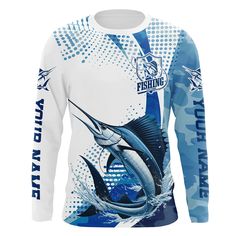 a long sleeve shirt with an image of a marlin on it