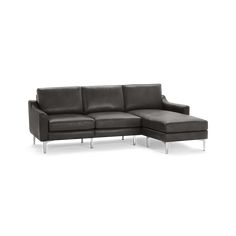 a black leather sectional sofa with chrome legs and arm rests on an isolated white background