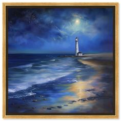 a painting of a lighthouse on the beach at night with stars in the sky above it