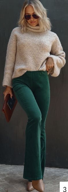 Winter outfit corduroy vintage retro vibes pants womens office-ready outfit ideas Casual Wide Leg Fall Leggings, Green Casual Leggings For Fall, Casual Green Leggings For Fall, Non-stretch Green Leggings For Fall, Trendy Green Leggings For Fall, Womens Office, Bell Bottom, Bold Prints, Retro Vibe