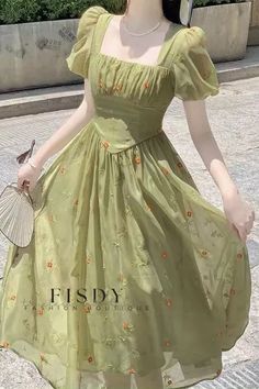 Fisdy - Elegante vestido verde con estampado floral y cintura ceñida Whimsical Dresses, Fitted Dress Casual, Green Floral Print Dress, Cottagecore Dresses, Chiffon Long Dress, Women Bodycon Dress, Cottagecore Dress, Long White Dress, Floral Dresses Long