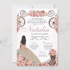 a wedding card with an image of a woman in a dress and flowers on it