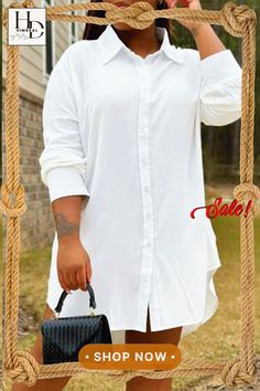 White Casual Solid Patchwork Turndown Collar Shirt Dress Plus Size Dresses Shirt Dress Plus Size, Summer Dresses With Sleeves, Plus Size Shirt Dress, Collar Shirt Dress, Shirt Dress Outfit, Plus Size Shirt, Patchwork Shirt, Button Down Shirt Dress, Collared Shirt Dress