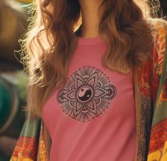 Mandala, ying yang, summer T- shirt, colorful, cute Mandala, serendipity, mandala flower, bohemian, made in the USA .: Made with medium fabric consisting of 100% cotton for year-round comfort that is sustainable and highly durable.  .: The classic fit of this shirt ensures a comfy, relaxed wear with the crew neckline. .: Made using 100% US cotton that is ethically grown and harvested. Gildan is also a proud member of the US Cotton Trust protocol ensuring ethical and sustainable means of production. Ying Yang Mandala, Yin Yang Mandala, Cute Mandala, Mandala Flower, Ying Yang, Flower Mandala, Summer Tshirts, Yin Yang, Crew Neckline