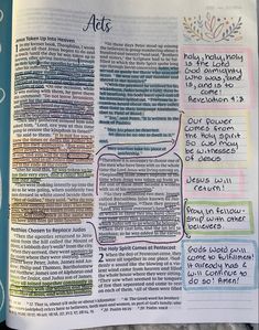 an open bible with the words acts written in different colors and sizes on each page