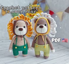 two crocheted teddy bears are standing next to each other