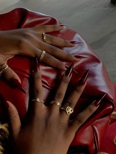 Red Acrylic Nails Long Square, Red Aesthetic Seductive Vintage, Nail Inspo With Thumb, Cherry Red Stiletto Nails, Cheery Red Nail, Pointy Red Nails, Brown And Red Nails, Dark Red Stiletto Nails, Red Nails Black Women