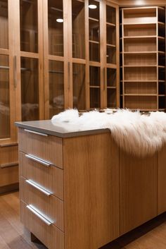 a closet with lots of wooden shelves filled with drawers and white fur on the top