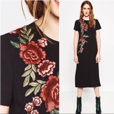 Zara Embroidered Midi Dress Is Detailed With Floral Embroidery And Finished With Two Slits On Each Side. 16 1/2 Inches Measured From Armpit To Armpit. 47 1/2 Inches Measured From Top Of Shoulder To Bottom Hem. Fitted Short Sleeve Embroidered Midi Dress, Black Embroidered Midi Dress For Spring, Spring Black Embroidered Midi Dress, Short Sleeve Embroidered Midi Dress, Black Floral Embroidery Midi Dress, Black Midi Dress With Floral Embroidery, Black Short Sleeve Dress With Floral Embroidery, Black Short Sleeve Embroidered Dress With Floral Details, Black Embroidered Dress With Floral Embroidery And Short Sleeves