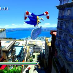 sonic the hedgehog flying over a city